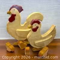 Group view of rooster, hen and three chicks wood figurines