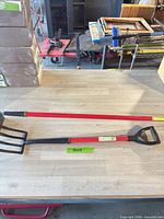 Both garden tools laid out on table showing full length and heads