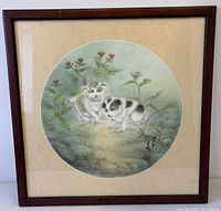 Framed circular watercolour painting front view