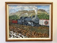 Framed painting close-up showing locomotive, signature, frame detail