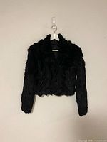 Full view of black fur coat on hanger showing front, sleeves, collar, and Bebe label