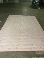 Full view of large pale patterned rug laid flat