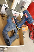 Photo of Ryobi 18V reciprocating saw and drill together in a box, showing physical condition and tool details.