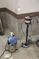View of both pumps together on concrete floor with wall behind, showing Burke pump with blue control and black sump pump with float switch.