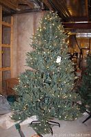 Full view of assembled 7-foot artificial Christmas tree lit with white LED lights in basement setting.