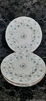 Stack of four Coalport salad plates showing full pattern and silver rim
