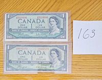 Front view of both banknotes in sleeves, showing serial numbers and portrait