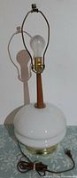 Full lamp showing glass body, teak neck, harp, bulb