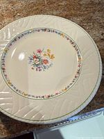 Top view of plate showing floral centre, green bands, textured rim