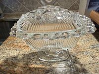 oblong pressed glass candy dish with lid on pedestal base