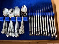 Overview of flatware in blue tray showing knives, forks, teaspoons