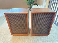 Front view of both speakers showing grilles and veneer finish