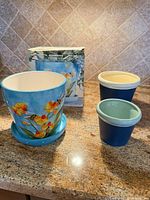 All three pots shown: large floral pot with saucer and box, medium and small blue pots