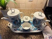 Entire set on matching tray showing both pots, sugar bowl, creamer