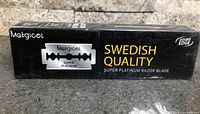 Front of sealed Matgicol razor blade box indicating Swedish quality super platinum blades