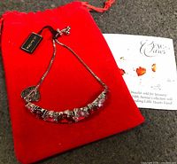 Bracelet with tags on red suede pouch next to information card