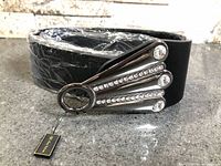 Full view of black belt coiled with fan buckle and tag