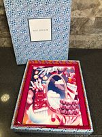 Notebook in open patterned presentation box showing cover artwork