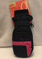 Front view of navy and pink junior mitts with tag