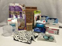 Group shot of all new packaged baby items