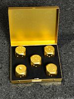 open case displaying five gold dice in foam insert
