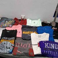 Overview of 14 assorted graphic T-shirts laid out