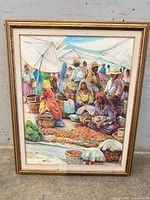 Full view of framed painting showing marketplace scene
