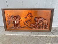 Full view of framed copper elephant wall art