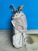 Full view of Nike plaid stand bag loaded with clubs