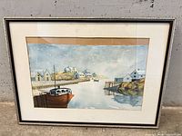 Full view of framed watercolor showing artwork, mat, frame condition