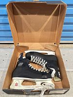 Skates in open box, showing both boots, holders, laces