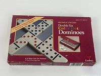Front of sealed Cardinal Premier Edition Double Six Color Dot Dominoes box