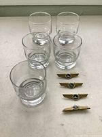 Group view of five glasses and four wing pins