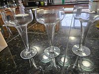 Three Rosenthal hollow-stem champagne glasses standing on countertop