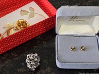 Ring, earrings in box, and rose brooch overview