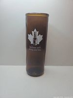 Full view of brown ReBeer glass with front graphic