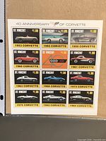 Front view of complete 10-stamp Corvette 40th Anniversary sheet