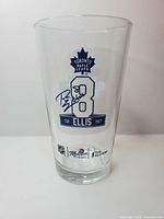 Front of glass with Maple Leafs logo, Ron Ellis number 8, autograph, 1967 date, Molson Canadian branding