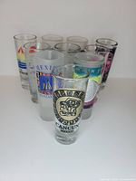 Group of ten Mexican resort shot glasses front and back rows