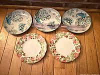 All five plates laid out on floor showing both patterns