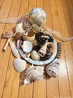 Grouping of shells, pine cones, rattan balls and ornament displayed on paper plate, wood floor background