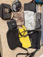 All ten small purses, clutches, wristlets and wallets laid out on carpet