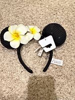 Full view of headband showing ears, flowers, and tags