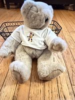 Full view of teddy bear seated wearing hockey t-shirt