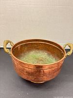 Angled view of hammered copper pot showing brass lion-head handles and overall form