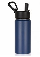 Full view of navy metal water bottle showing lid and handle