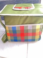 Front view of green insulated cooler bag with multicolour plaid panel