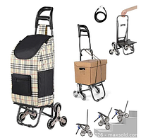 Stock image showing assembled cart with bag, frame alone, carton carrying option and wheel detail on steps