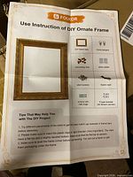 Instruction sheet showing contents list and assembled frame example
