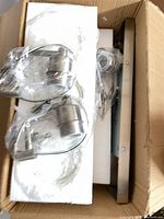Boxed fixture components in plastic wrapping including metal backplate and socket assemblies